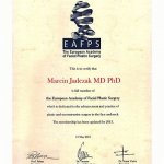 2013 Certyfikat członkostwa dr M.Jadczaka w Europejskiej Akademii Chirurgii Plastycznej Twarzy