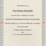 2009 Certyfikat uczestnictwa w szkoleniu na temat: Selektywna Trabekuloplastyka Laserowa w leczeniu jaskry