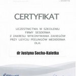 2012 Certyfikat za udział w szkoleniu z zakresu wykonywania zabiegów przy użyciu peelingów Mediderma