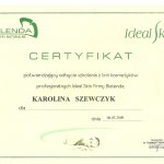 2009 Certyfikat potwierdzający odbycie szkolenia z linii kosmetyków Ideal Skin firmy Bielenda