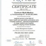2010 Certyfikat PN-EN ISO 9001:2001 dla Multi Medica potwierdzający wysoką jakość usług kliniki - wersja angielskojęzyczna