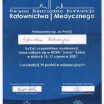 2007 Certyfikat za udział w Pierwszej Bieszczadzkiej Konferencji Ratownictwa Medycznego