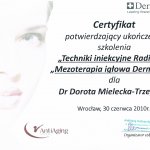 2010 Ukończenie szkolenia pt.: Techniki iniekcyjne Radiesse, mezoterapia igłowa Dermaheal