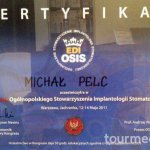 2011 Certyfikat uczestnictwa w IX Kongresie Ogólnopolskiego Stowarzyszenia Implantolgii Stomatologicznej Michał Pelc