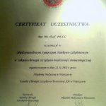 2002 Certyfikat uczestnictwa w Międzynarodowym Sympozjum Naukowo-Szkoleniowym Michał Pelc