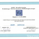2002 Certyfikat uczestnictwa w praktycznym kursie skleroterapii