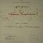  Certyfikat potwierdzający członkostwo dr A.Świątkiewicza w Towarzystwie Chirurgów Polskich