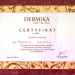2008 certyfikat uprawniający do wykonywania zabiegów profesjonalnych AHA-eksfoliacji za pomocą stężonego kwasu glikolowego firmy DERMIKA 