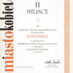 2012 Dyplom dla Estetimed za uzyskanie II miejsca w plebiscycie Srebrne Lustra Miasta Kobiet 2012