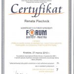 2010 Certyfikat uczestnictwa w sympozjum Forum Dentysty - Praktyka