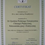 2007 Certyfikat uczestnictwa dr A.Świątkiewicza w XI Zjeździe Polskiego Towarzystwa Chirurgii Plastycznej, Rekonstrukcyjnej i Estetycznej