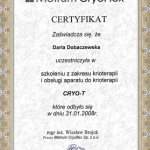 2008 Certyfikat uczestnictwa w szkoleniu z zakresu krioterapii i obsługi aparatu do krioterapii CRYO-T