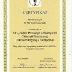 2007 Certyfikat uczestnictwa w XI Zjeździe Polskiego Towarzystwa Chirurgii Plastycznej, Rekonstrukcyjnej i Estetycznej