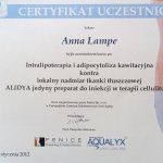 2012 Certyfikat uczestnictwa w kursie pt.: Intralipoterapia i adipocytoliza kawitacyjna kontra lokalny nadmiar tkanki tłuszczowej ALIDYA jedyny preparat do iniekcji w terapii cellulitu