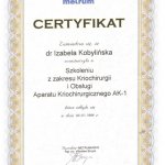 1999 Certyfikat uczestnictwa w Szkoleniu z zakresu Kriochirurgii i Obsługi Aparatu Kriochirurgicznego AK-1